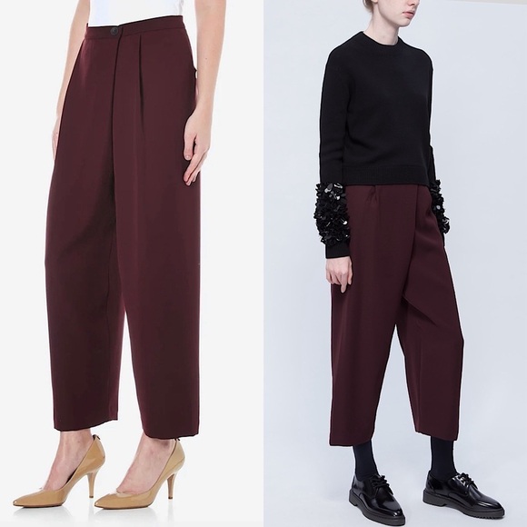 ALEXANDER MCQUEEN Burgundy Crepe High Rise Crossover Waist Crop Wide Leg Pants S - Picture 1 of 12